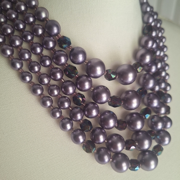 Japan 5-strand Statement MCM Necklace Purple Pearl Beads Glass AB Rare Color - Picture 8 of 8